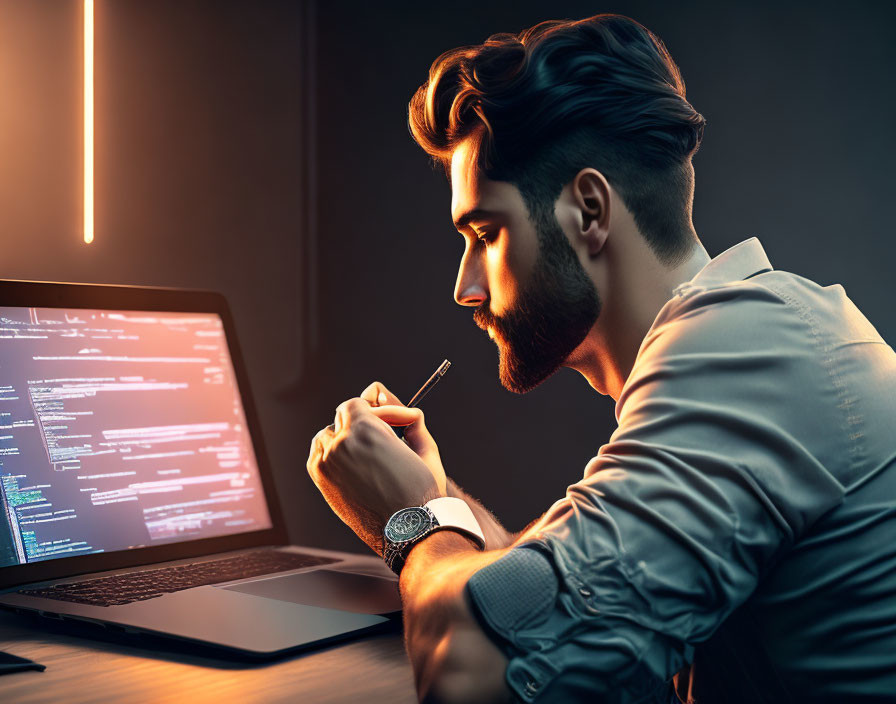 Bearded man coding on laptop in dimly lit room