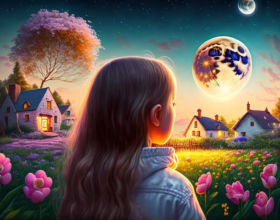 Young girl admires vibrant moonlit fantasy landscape with celestial whale in starry sky