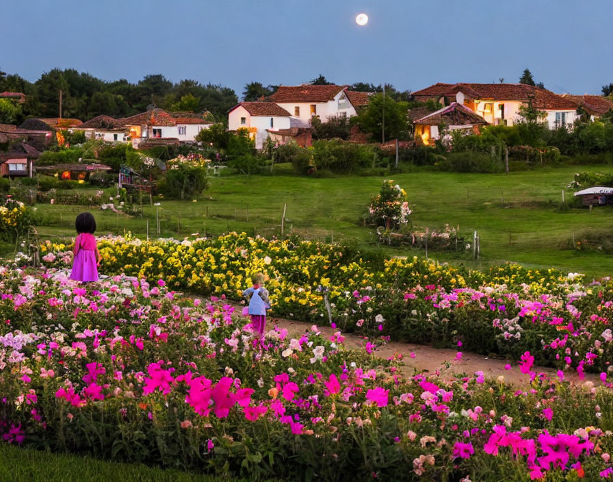 Children in colorful flower field at dusk with traditional houses under full moon