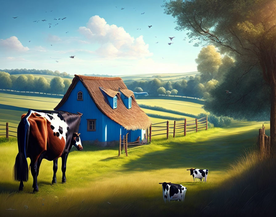 Tranquil countryside landscape with blue house, cows, and birds