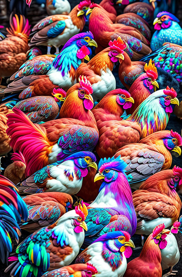 Colorful Cluster of Red, Blue, and Purple Chickens