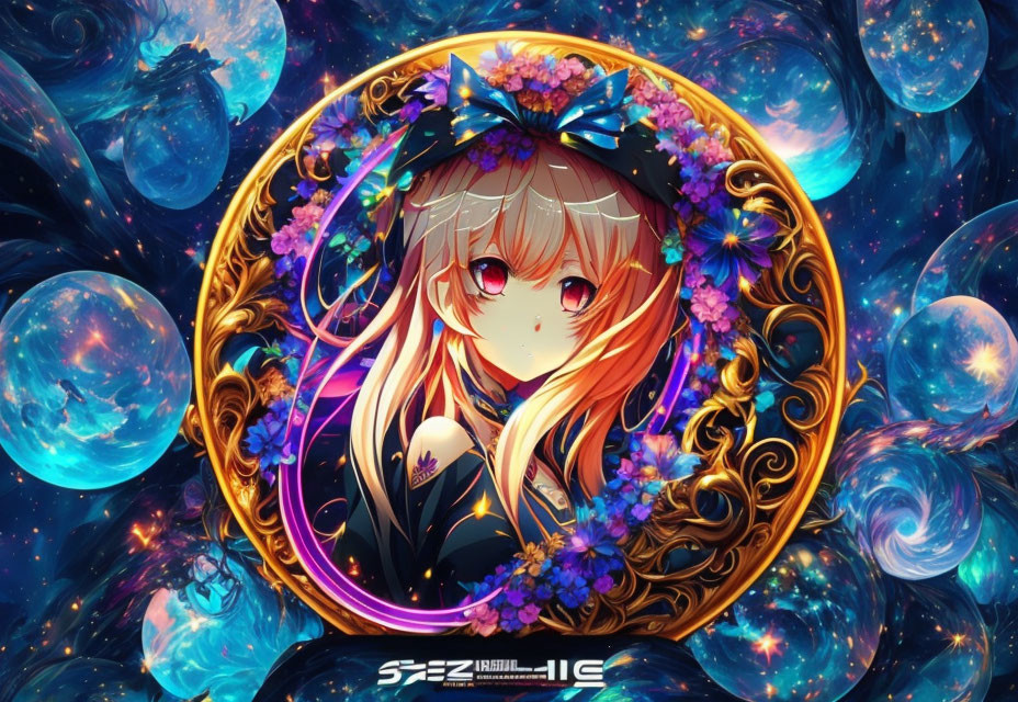 Golden-haired anime girl with red eyes in ornate celestial setting