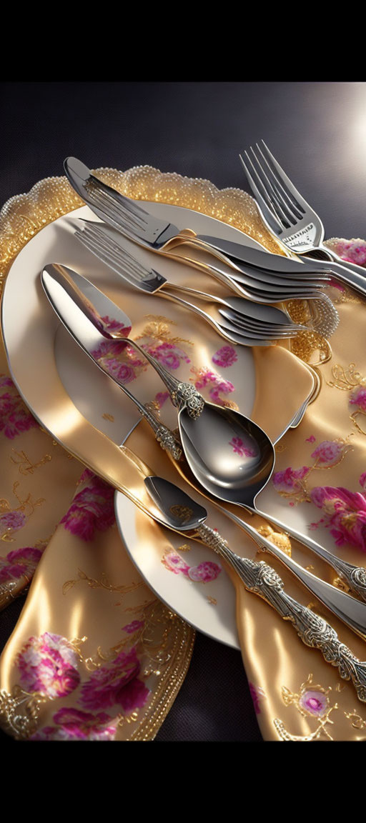 Luxurious Table Setting with Silverware on Golden Plates