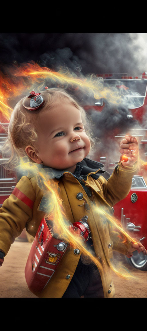 Smiling toddler as firefighter with fire effects and fire truck background