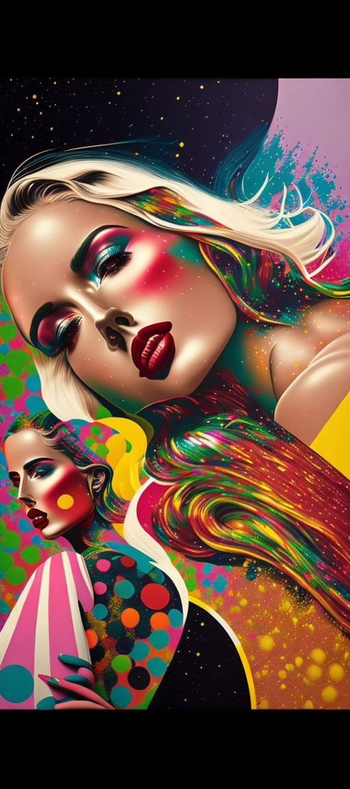 Colorful digital artwork of two stylized women with flowing hair and striking makeup on a psychedelic background