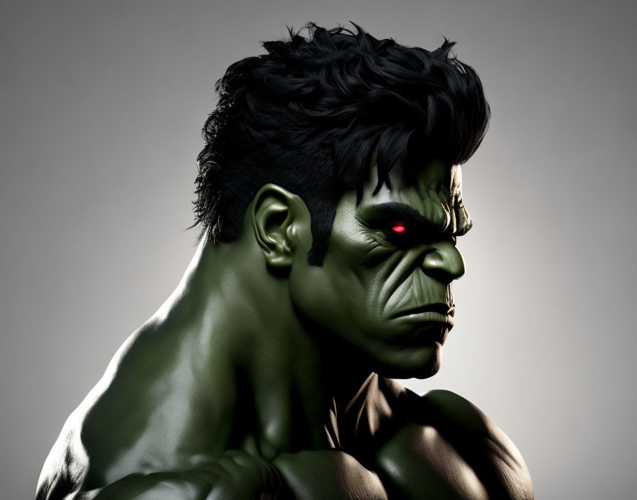 Muscular green Hulk with black hair and red glowing eyes.