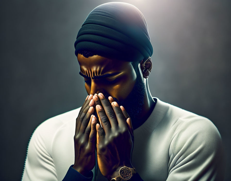 Bearded man in dark turban and white turtleneck in thoughtful pose