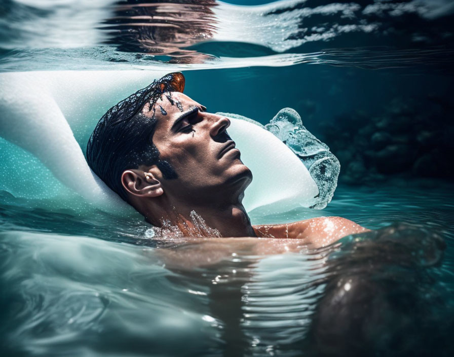 Man submerged in water with bubbles and ripples: Serene underwater scene