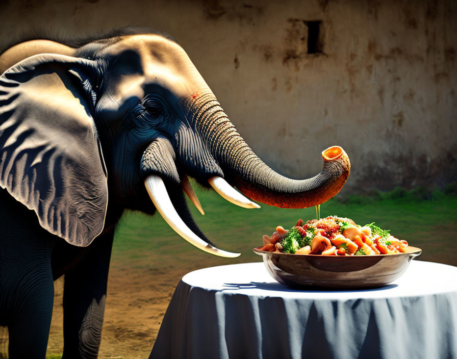 Elephant reaching for colorful salad on table in sunlight