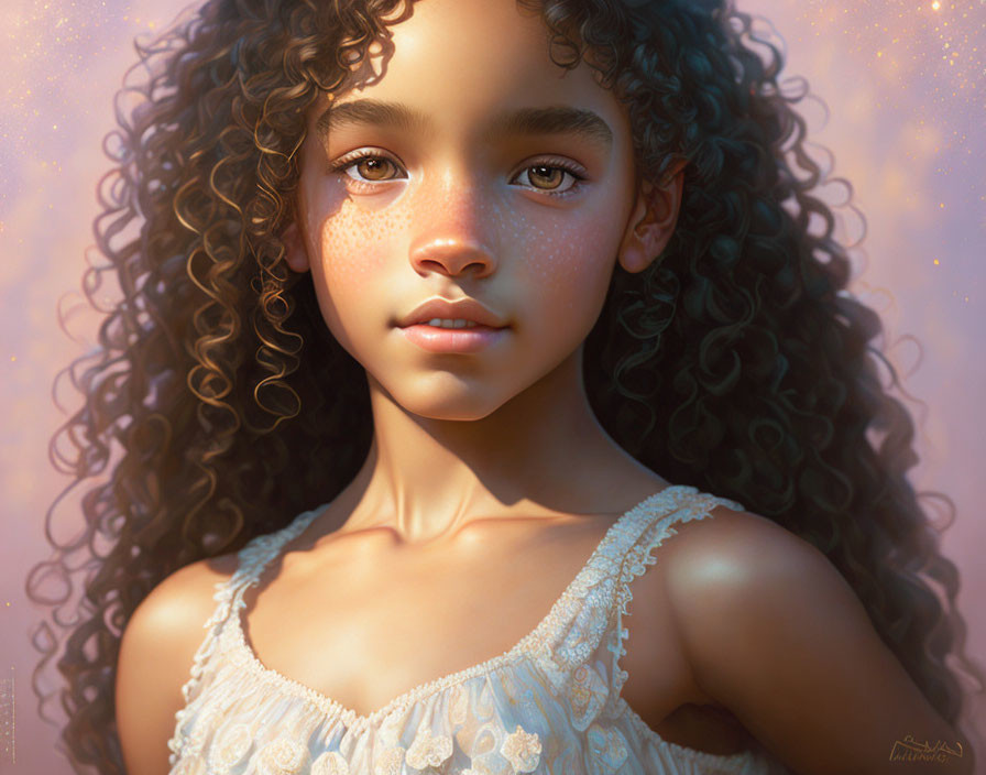 Young girl with curly hair and freckles in lace dress portrait.