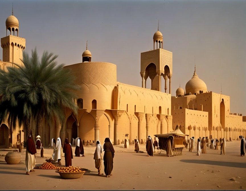 Traditional attired people at majestic sandy architecture with domes and towers under clear sky
