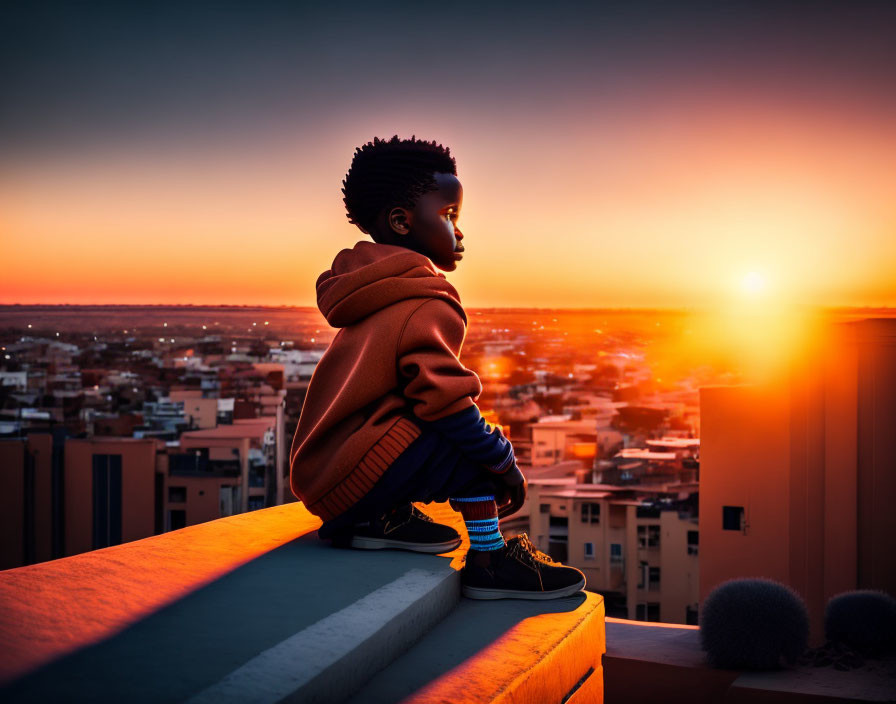 Child overlooking cityscape at sunset with warm orange and yellow hues.