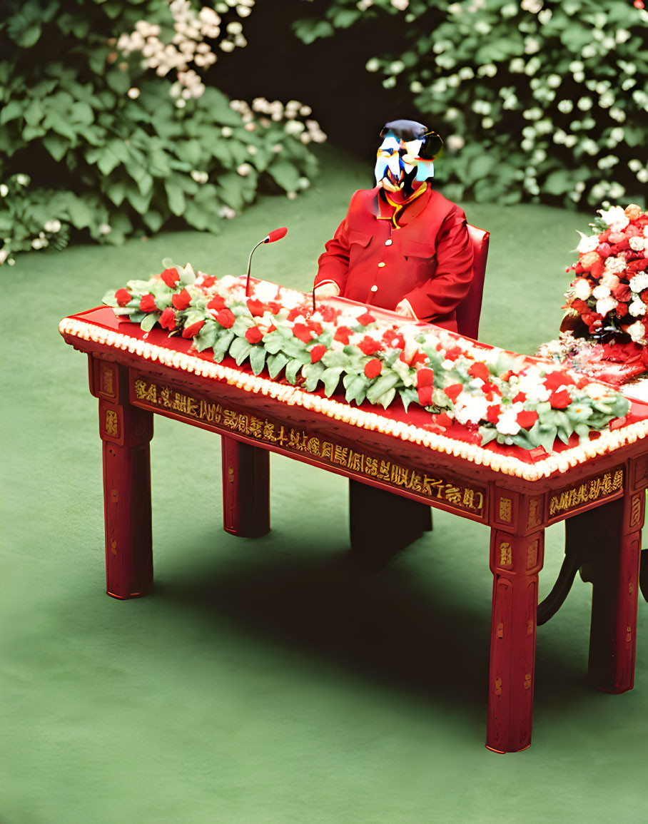 Colorful Masked Person Sitting at Red Ornate Table with Flowers