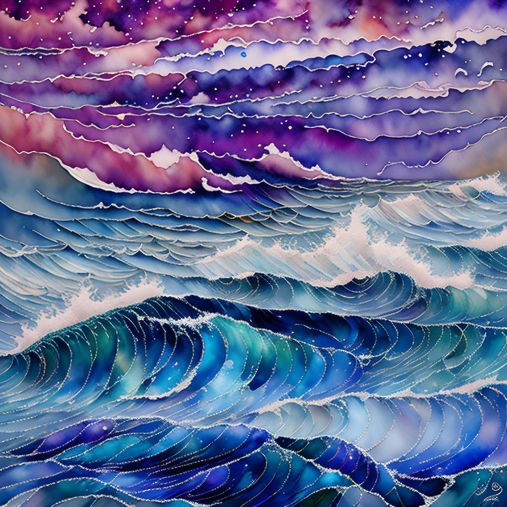 Colorful layered waves under a multicolored starry sky