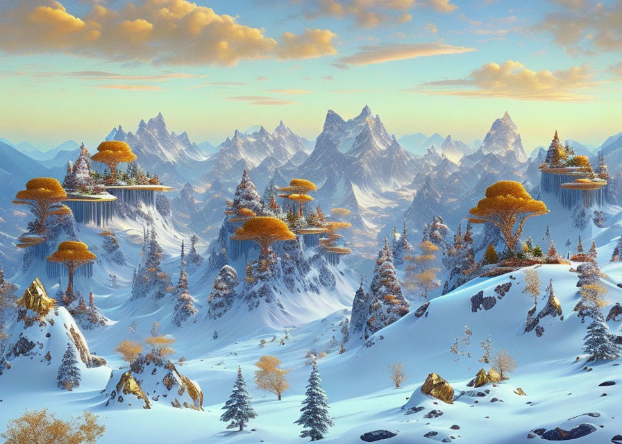 Snow-covered peaks and floating tree-topped islands in a fantastical winter landscape