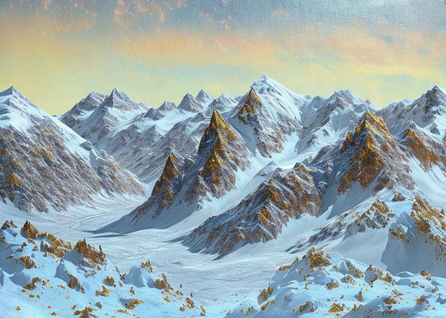 Snow-capped mountains in serene landscape at dawn or dusk