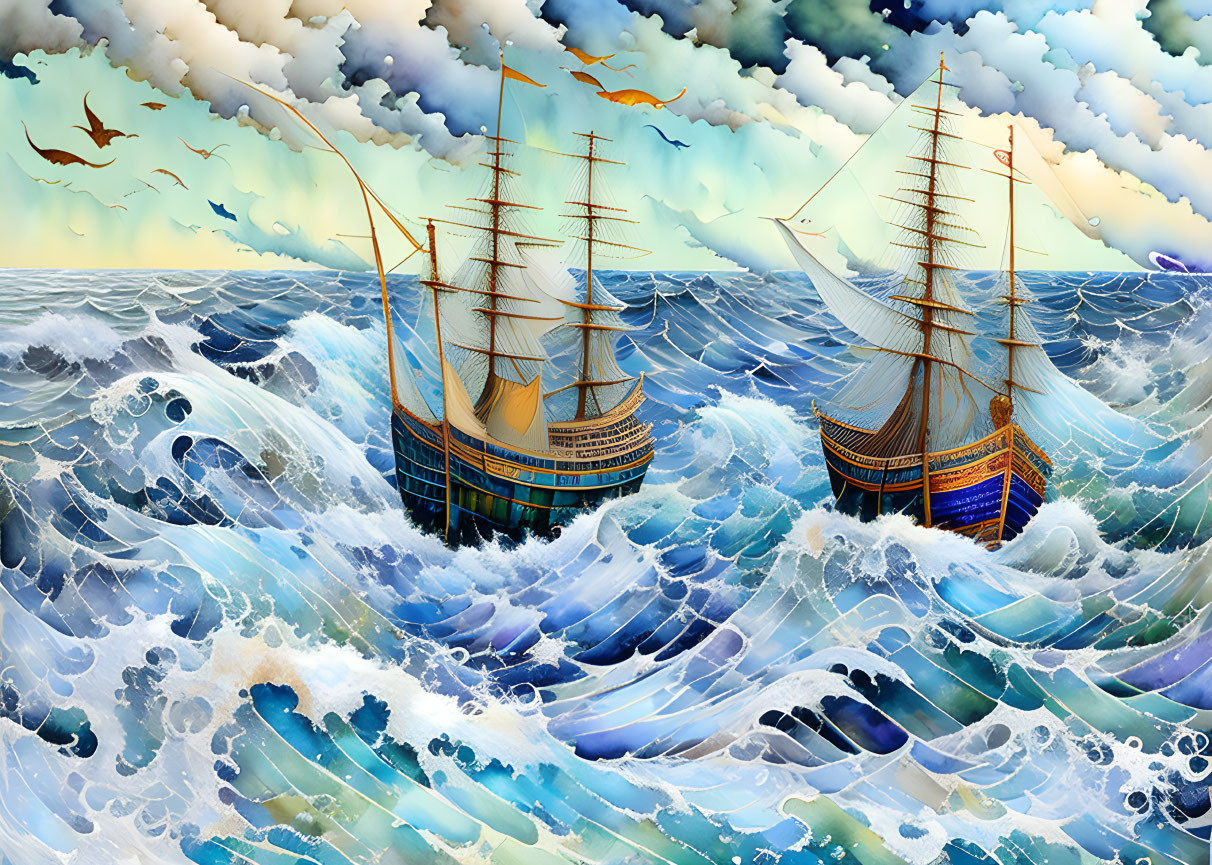 Vintage ships navigate stormy seas under a serene sky