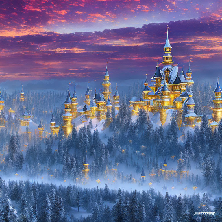 Majestic golden castle in enchanting winter scene