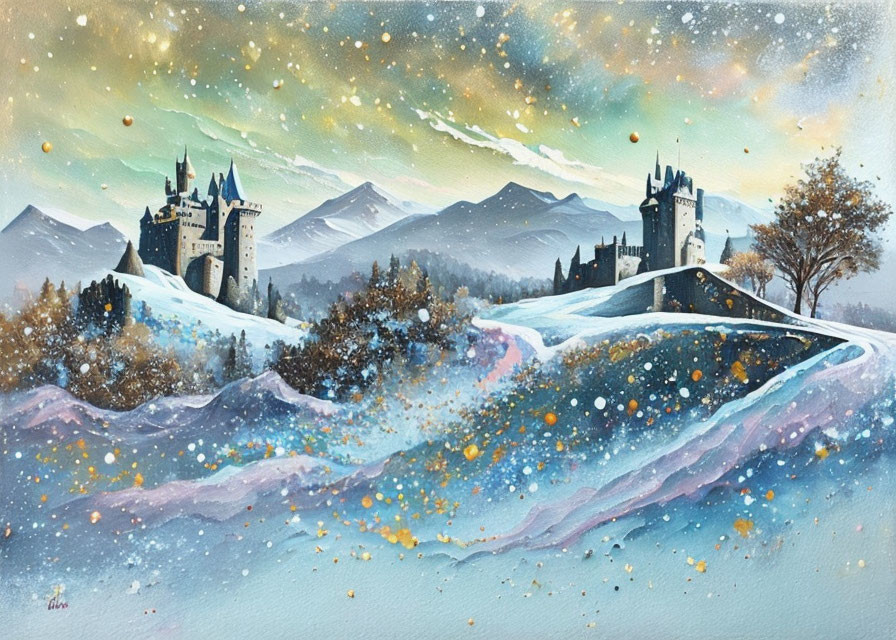 Fantasy landscape painting with snowy mountains and castles