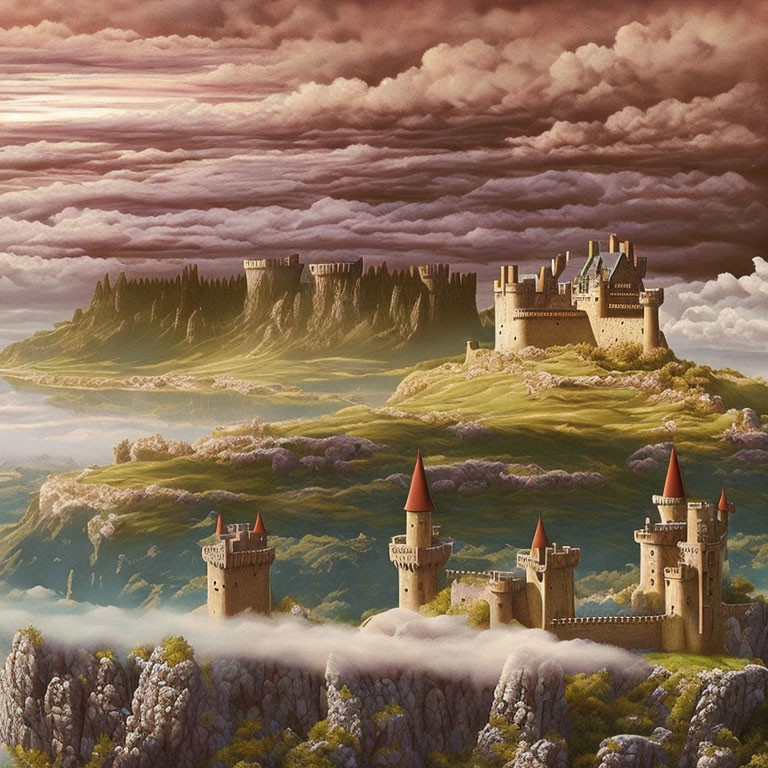 Majestic fantasy landscape with multiple castles and dramatic sky