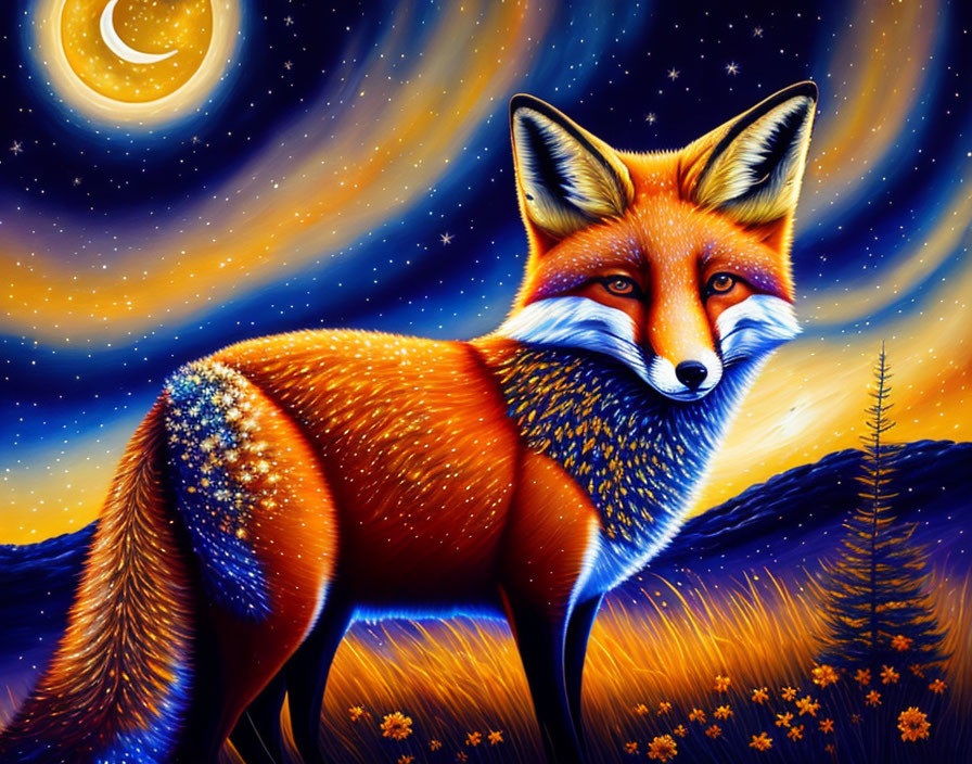 Colorful Fantasy Art: Fox under Starry Night Sky & Crescent Moon