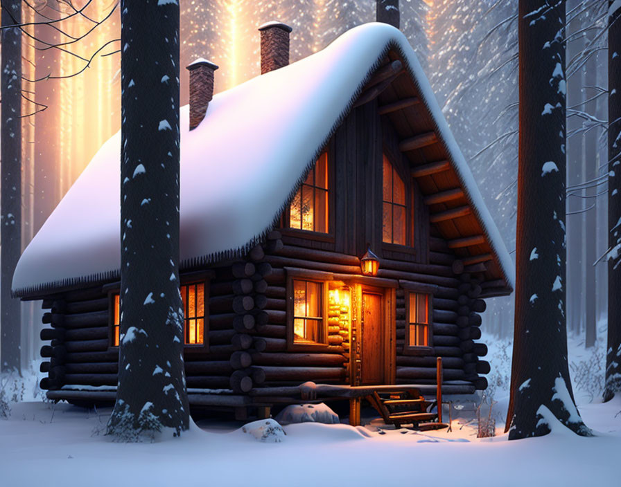 Snow-covered log cabin with illuminated windows in serene snowy forest