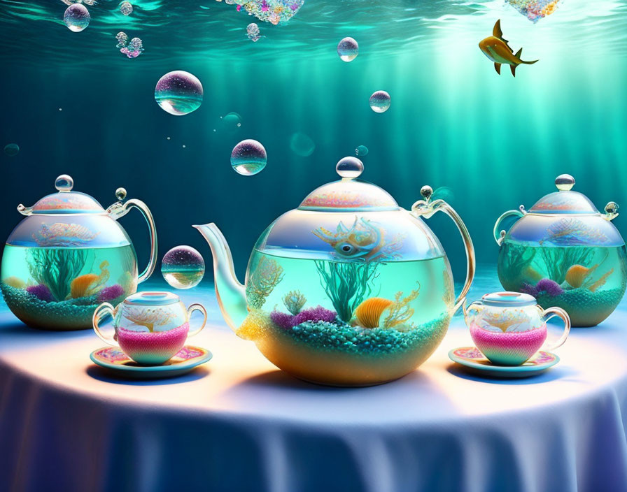 Teapots and Cups Aquarium with Colorful Fish and Coral