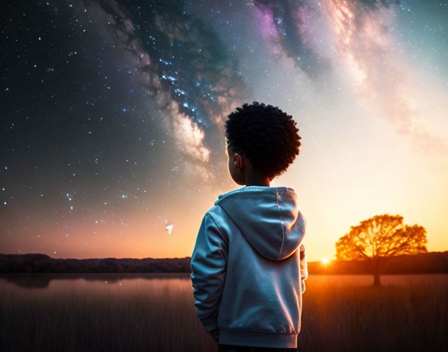 Child admires vibrant starry sky over tranquil grassland at dusk