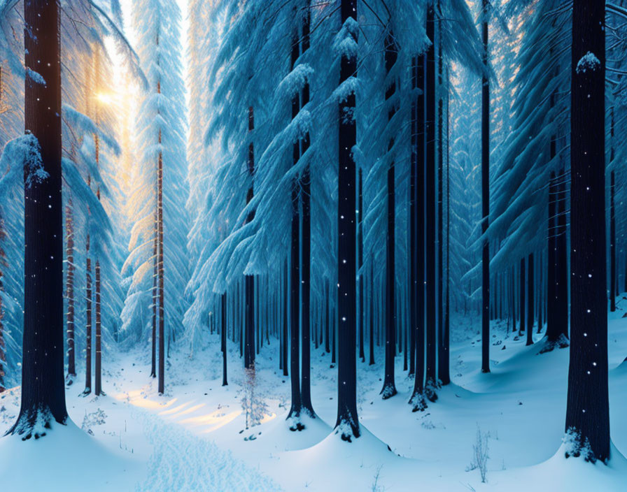 Winter Forest: Snow-covered Pines in Sunlit Fog