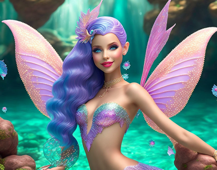 Colorful fairy with purple hair and iridescent wings in enchanted forest scene.