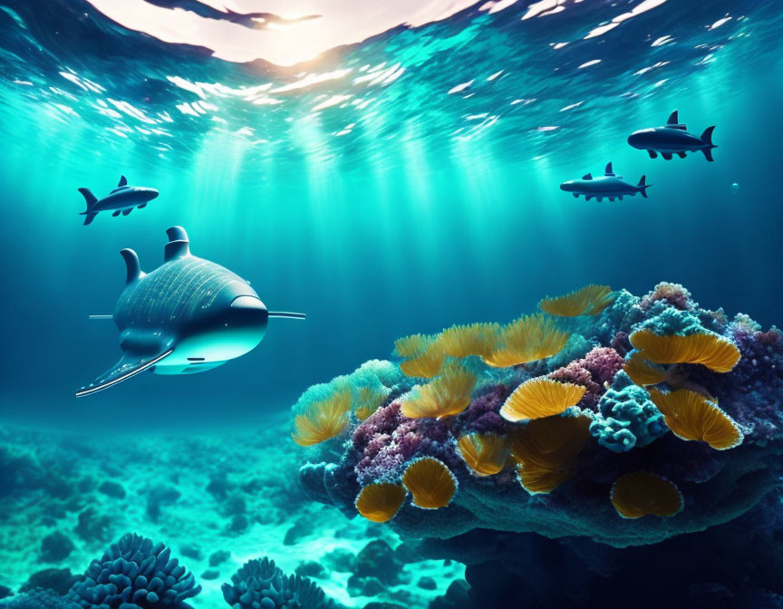 Futuristic submarine whales in underwater coral reef scene