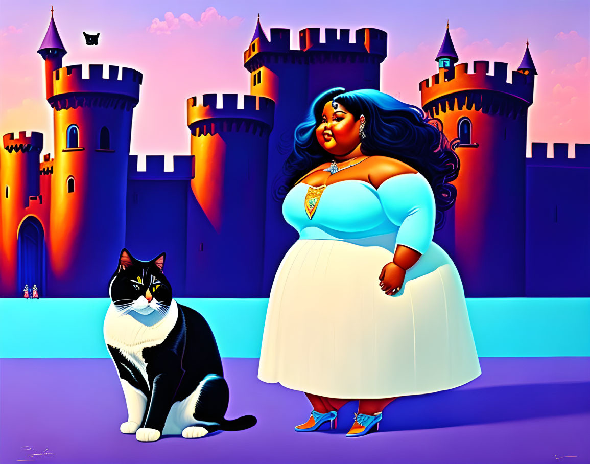 Confident woman in blue and white dress with large cat and colorful castle backdrop.