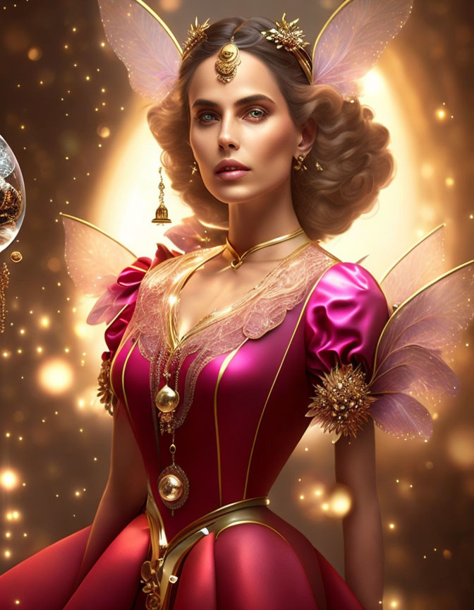 Regal woman with fairy wings in pink and gold outfit on magical backdrop