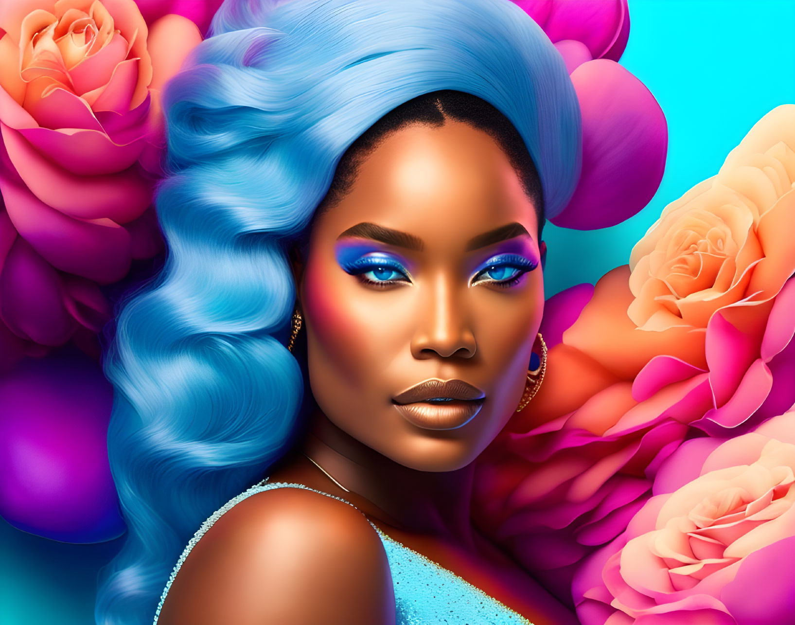 Colorful Illustration: Woman with Blue Hair and Makeup Among Roses