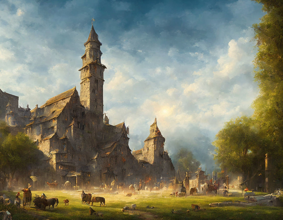 Medieval village scene with central spire, rustic buildings, townsfolk, and livestock in warm sunlight