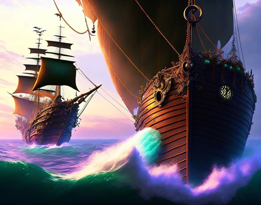 Elaborately designed sailing ships on glowing, turbulent sea at sunset