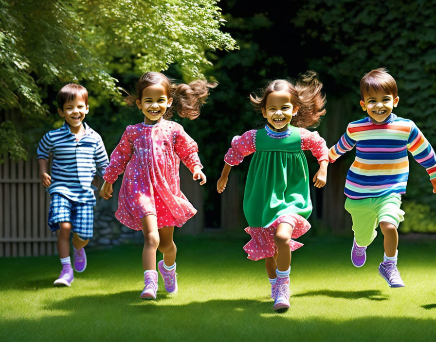 Four children running and smiling on grassy lawn with green trees on sunny day