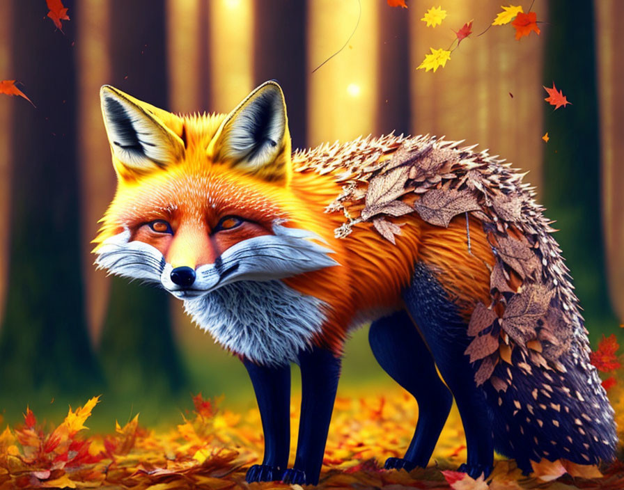 Colorful Fox in Autumn Forest with Falling Leaves