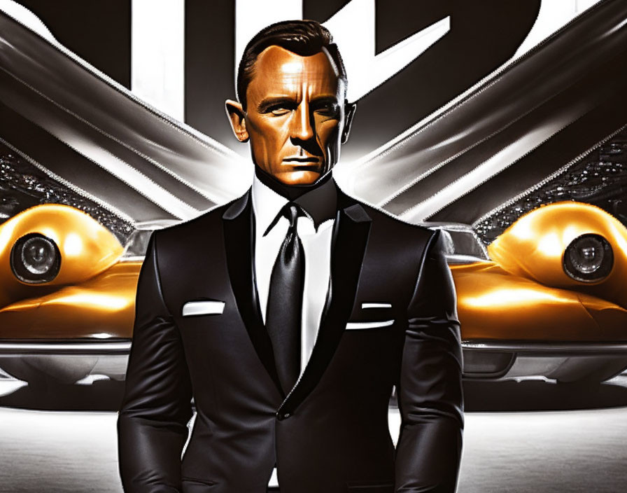 Illustrated character in suit with luxury cars in background