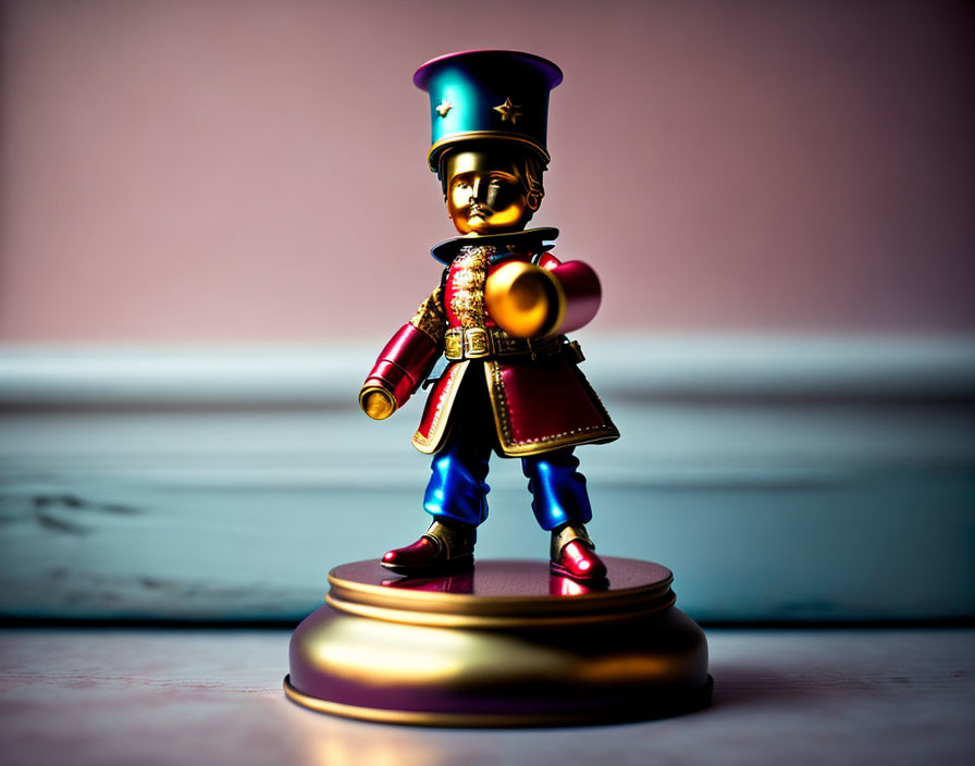 Colorful soldier figurine in ceremonial uniform with mustache and tall hat on round base