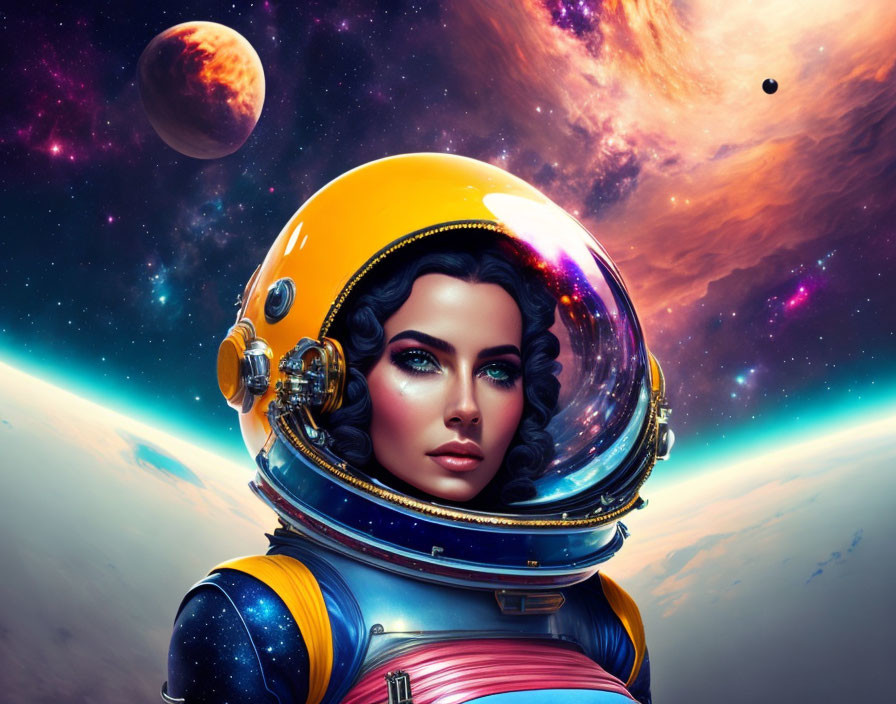 Vibrant digital artwork of a woman astronaut in cosmic space suit