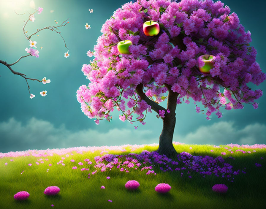 Whimsical tree with pink blossoms and green apples in lush meadow