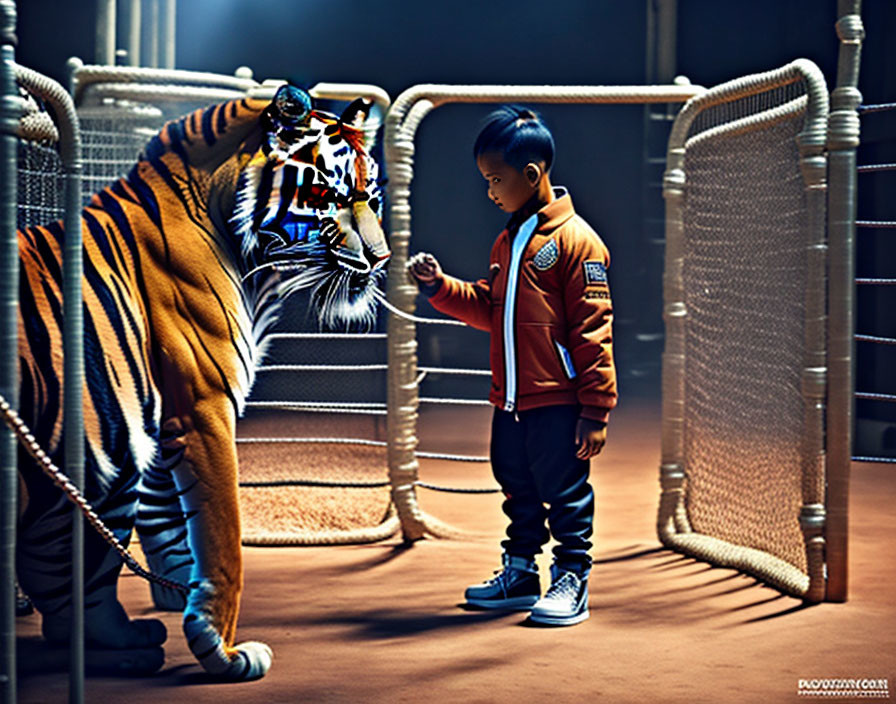 Young boy faces colorful tiger in lit arena