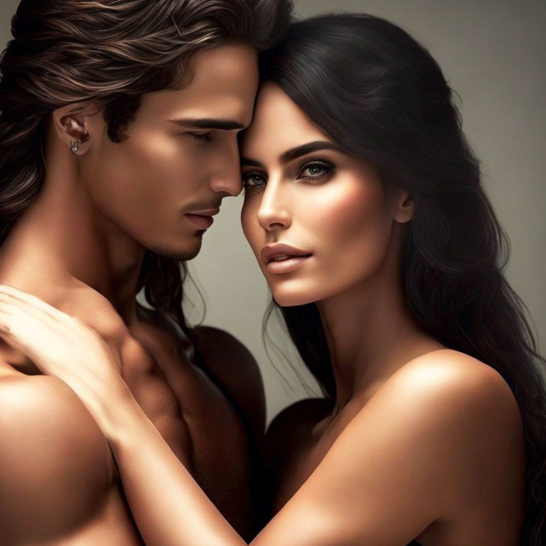 Detailed digital illustration of intense shirtless man and dark-haired woman.