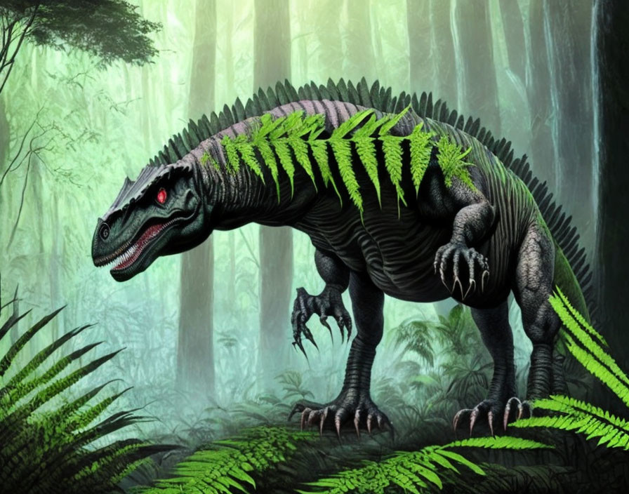 Black and Green Striped Theropod Dinosaur in Prehistoric Forest