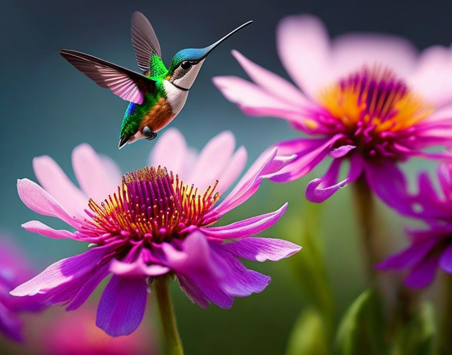 Iridescent green hummingbird near vibrant pink flowers