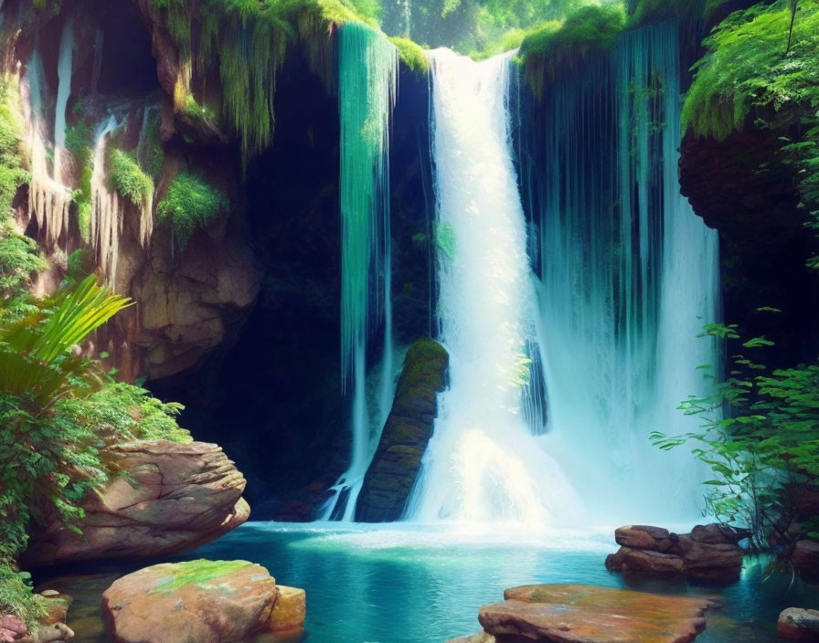 Tranquil waterfall scene with moss-covered rocks and lush greenery