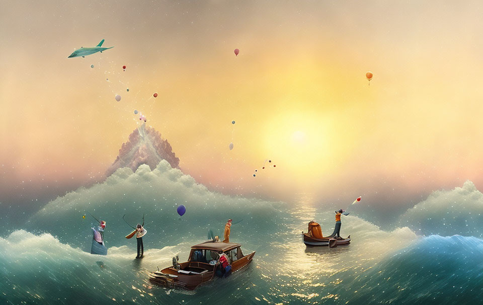 Surreal seascape with floating boats, colorful balloons, and mountain peak.