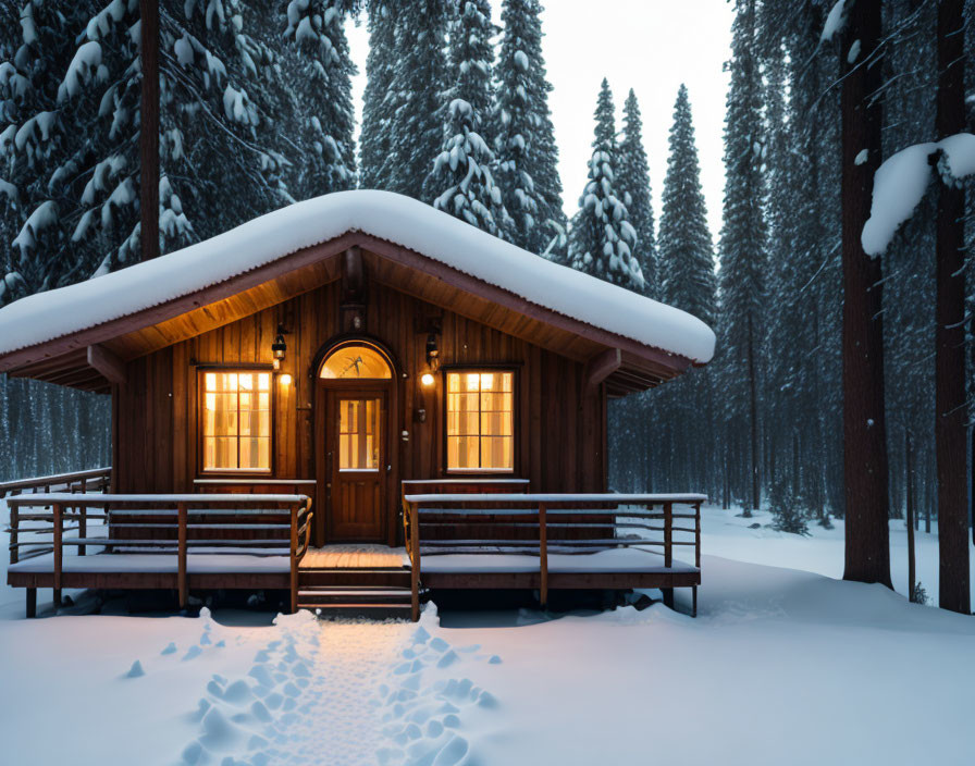 Snowy Forest Twilight Scene: Cozy Wooden Cabin & Glowing Windows