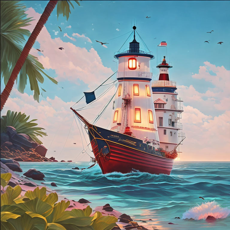 Lighthouse-themed ship sailing in tropical waters near palm-fringed island